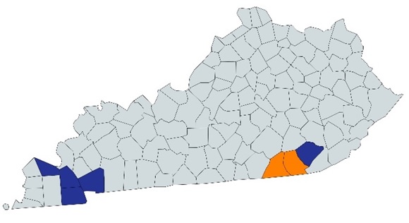 counties highlighted in blue have had confirmed IFA mounds that have been managed. Counties in orange have ongoing infestations