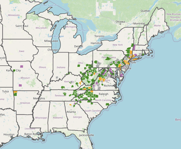 The known distribution of Asian longhorned tick in the US. 